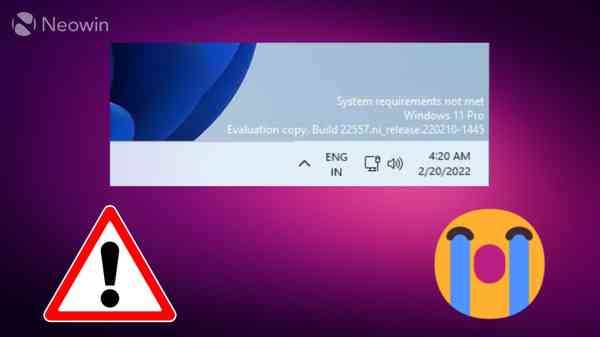 带有哭泣表情符号和危险标志的 Windows 11 不支持水印的屏幕截图