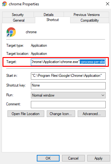 Chrome-Properties-Target-Link-Field