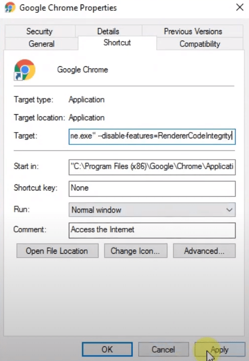 Disable-Code-Integrity-in-Chrome-on-Target-Properties-1