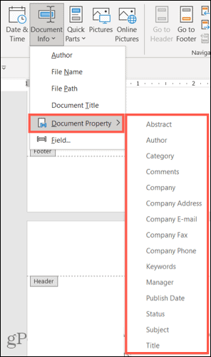 DocumentProperty-WordHeaderFooter
