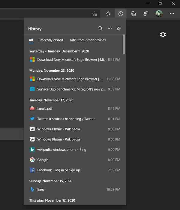 Edge-history-menu
