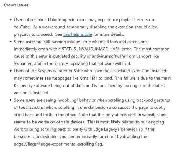 Microsoft-Edge-Dev-Known-issues