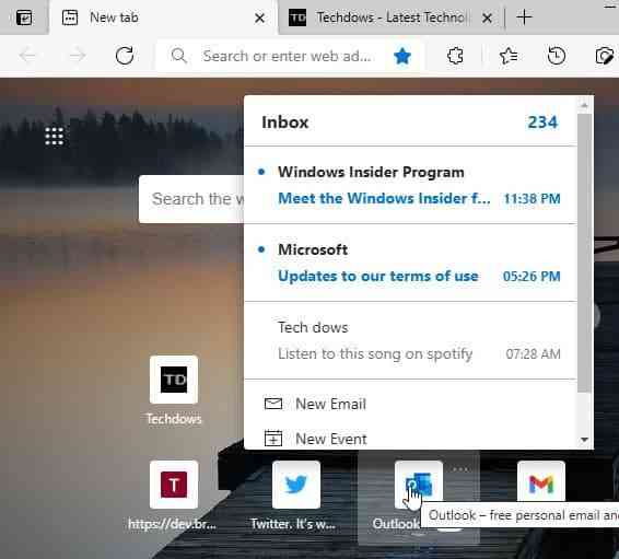 Outlook-Smart-tile-showing-recent-emails-on-hover-over