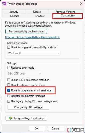 Properties-window-with-setting-to-run-app-as-an-administrator-enabled Properties-window-with-setting-to-run-app-as-an-administrator-enabled