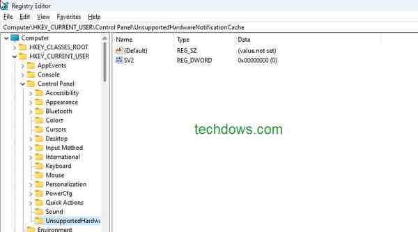 UnsupportedHardwareNotificationCache-registry-entry-Windows-11