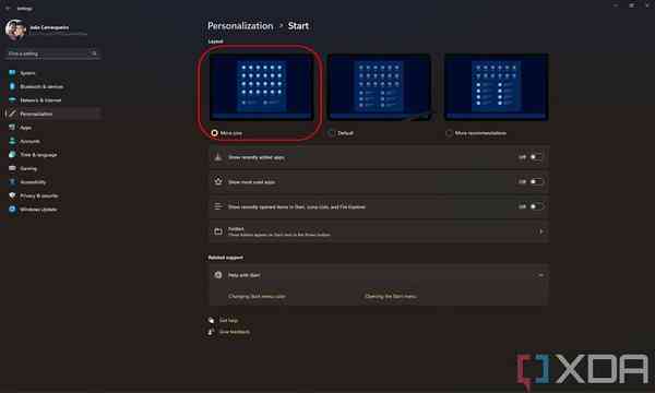 Windows-11-Settings-Start-menu-personalization-with-More-pins-layout-selected-1024x615-1