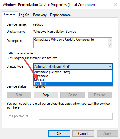 Windows-remediation-service-properties-startup-type-disabled