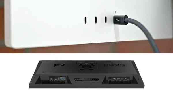 Apple Studio Display 的端口很少，但很容易访问。 Porsche Design 包含许多连接，但将它们隐藏起来。