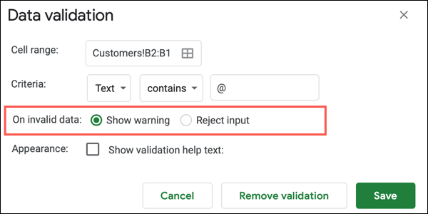 OnInvalidData-GoogleSheetsValidEmail