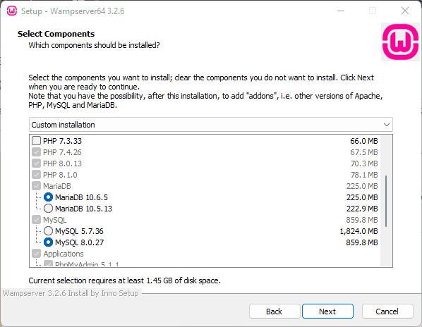 Select-the-version-of-Apache-PHP-and-MYSQL-on-WAMP