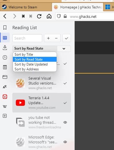 Vivaldi-Reading-list-sort-menu