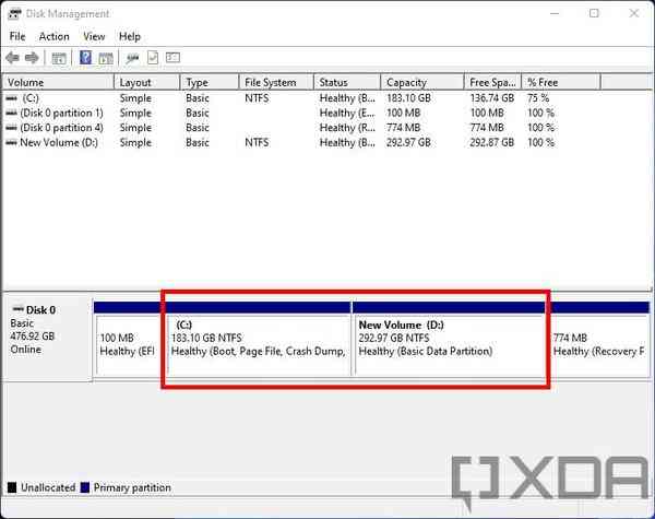 Disk-Management-showing-a-disk-with-two-data-partitions Disk-Management-showing-a-disk-with-two-data-partitions